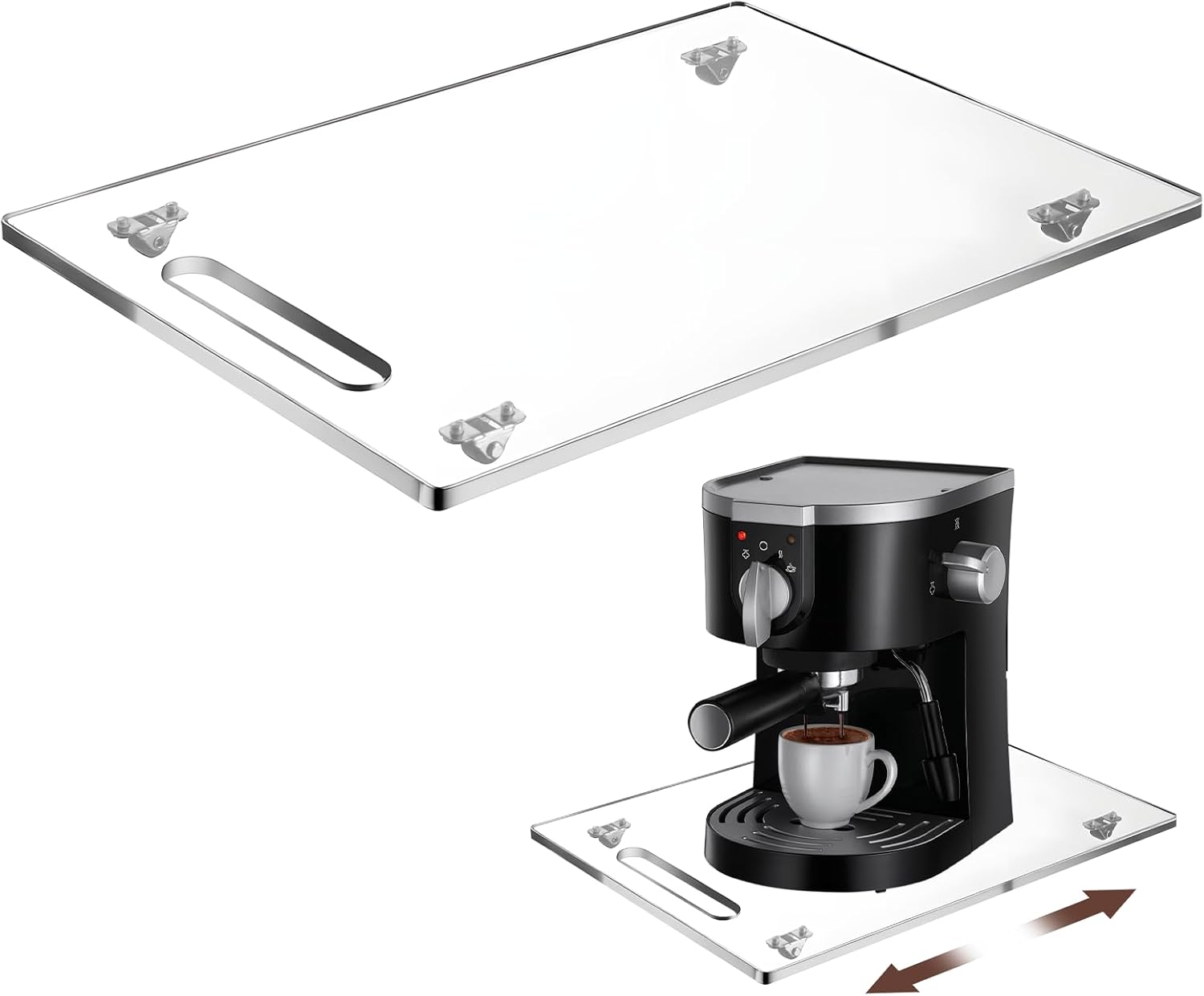 COMNICO Acrylic Appliance Slider, 14" x 9.8" Sliding Tray for Coffee Maker Tray with Rubber Rolling Wheels for Coffee Maker Heavy Kitchen Appliances Countertop Moving