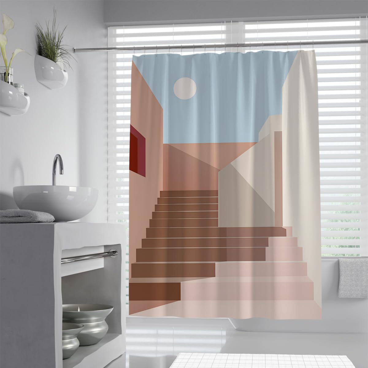 UIRINGART Abstract Shower Curtain W120xL180cm Mid Century Modern Pink Brown Stairs Houses Bath Curtain Mildew Resistant Quick Dry Waterproof Bathroom Tub Screen