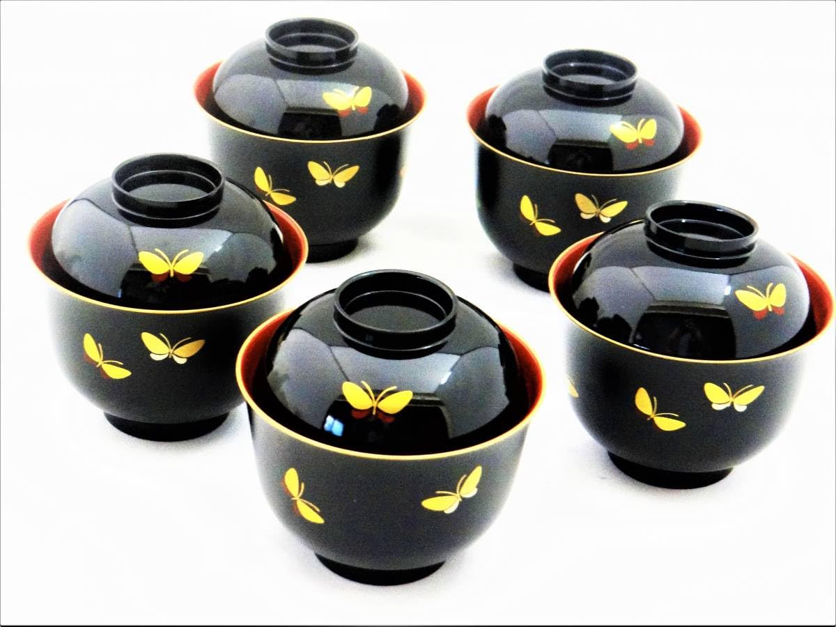 Amazon.co.jp: 黒漆塗 漆器 沈金蝶花 お好み椀 雑煮椀 汁椀 吸物椀