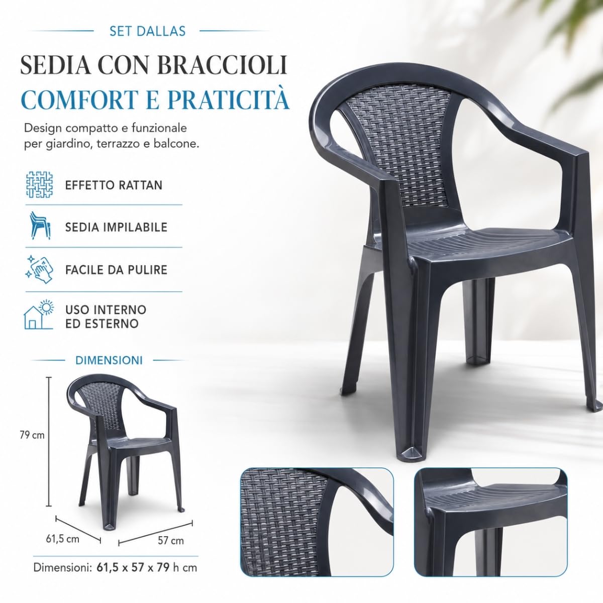 Tomaino - Set Tavolo con Sedie da Giardino in Plastica Effetto Rattan - Set da Pranzo Tavolo Quadrato con Foro Ombrellone e 4 Sedie Impilabili con Braccioli per Esterno, Terrazze, Bar, Ristoranti
