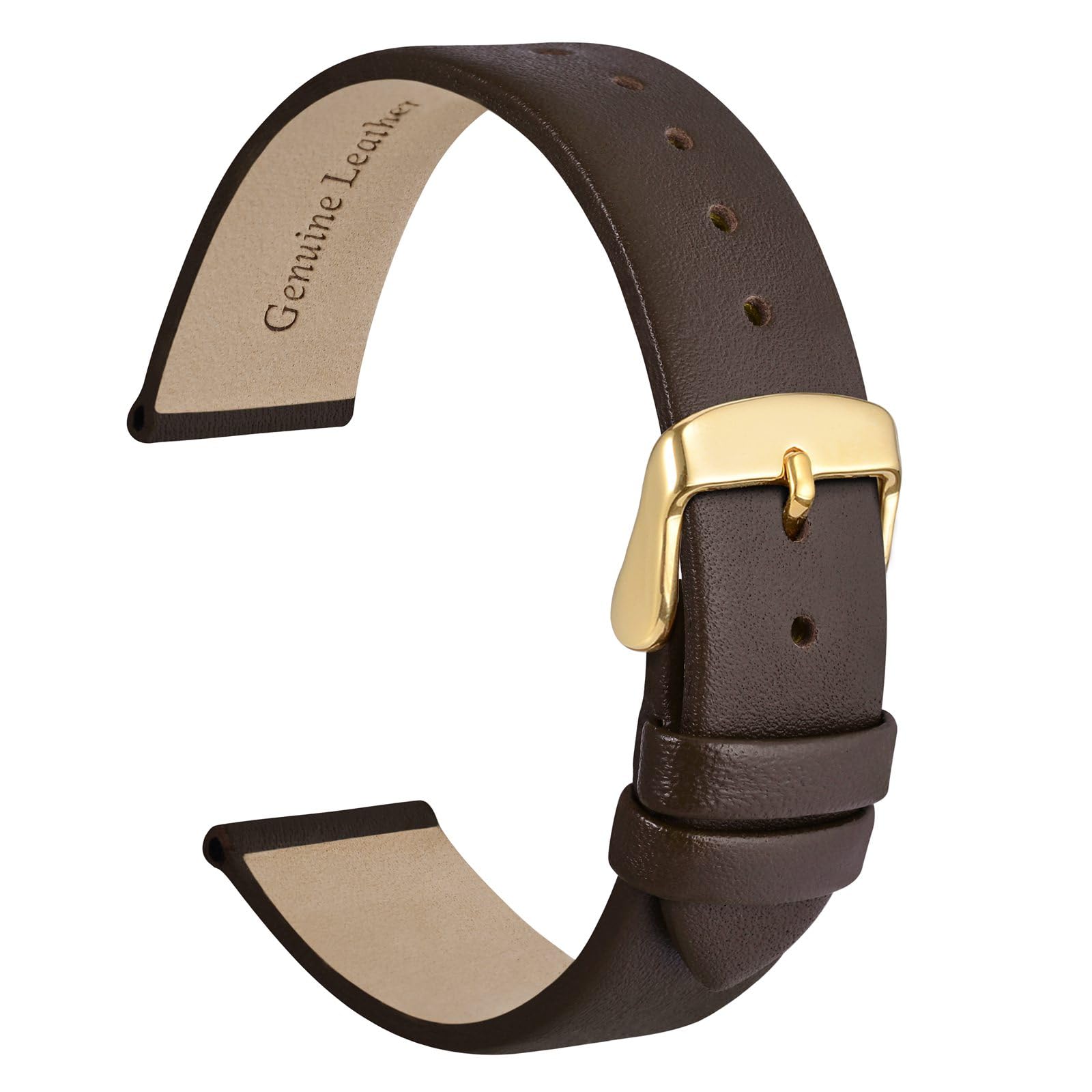 WOCCI 16mm Lug Width, Elegant Watch Band, Genuine Leather Replacement Strap with Gold Buckle (Dark Coffee)