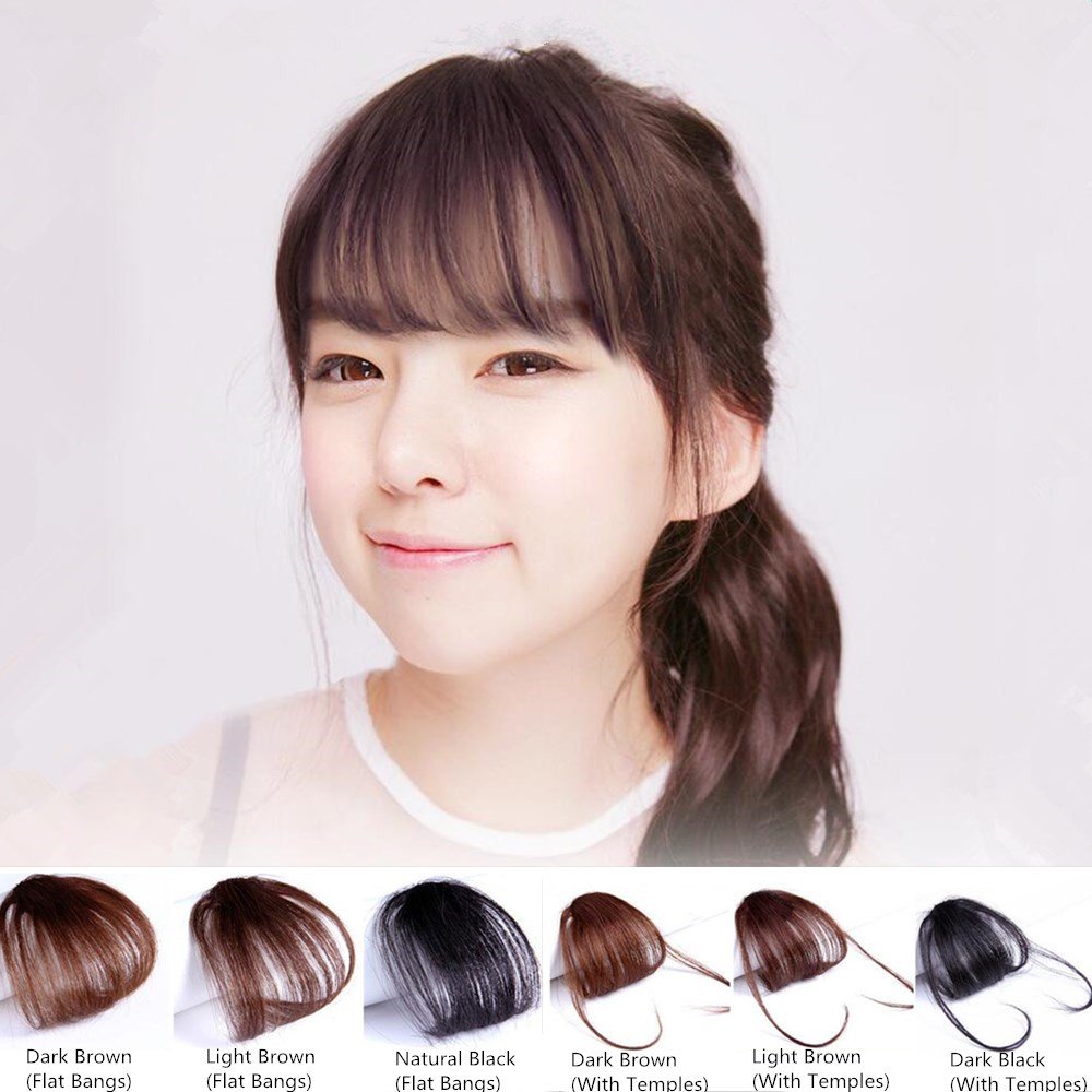 Shinon (Flat Bangs, Natural Black) - HAIQUAN Natural Real Human Hair Flat Bangs Hand Tied Bangs Fashion Clip-in Hair Extension (Flat Bangs, Natural Black)