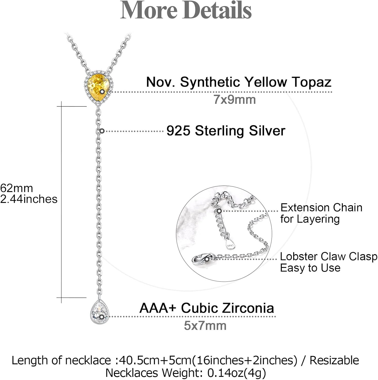 FOCALOOK 925 Sterling Silver Birthstone Long Pendant Necklace 16"-18" Y Drop Adjustable CZ Teardrop Lariat Necklaces for Women Mom Birthday Jewelry - Image 4