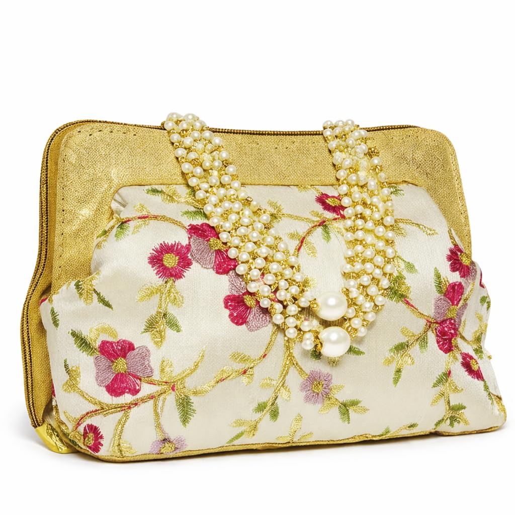 Elegant Embroidered Floral Clutch for Women – Premium Pearl Handle Wedding Party Bag with Rich Multi-Color Threadwork, Golden Base & Zip Closure – Perfect for Bridal, Festive & Gifting Purposes