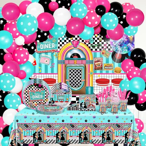 Lecheme 50s Party Decorations 280 PCS 1950s Retro Diner Decorations Sock Hop Backdrop Balloons Plates Napkins Cups Tablecloth Grease Music Party Supplies Serve 24