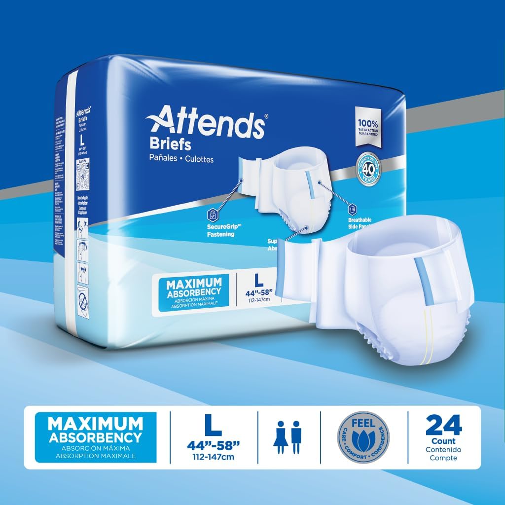 Attends Adult Incontinence Disposable Briefs, Large, 44"-58" Waist with SecureGrip Tab Closure, Maximum Absorbency with Dry-Lock Containment Core and SmartCool Breathable Materials, 24ct Bag