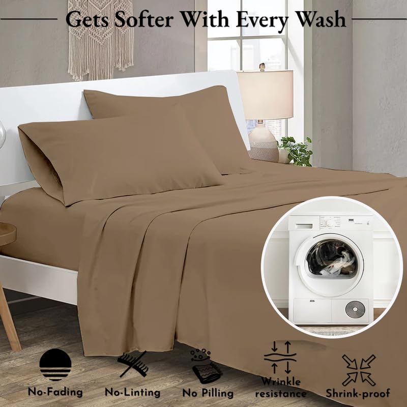 Image of Microfiber Bed Sheets-Hotel Luxury Bedding 1800, Ultra-Soft Microfiber Wrinkle Free Luxury - Taupe Solid King Size