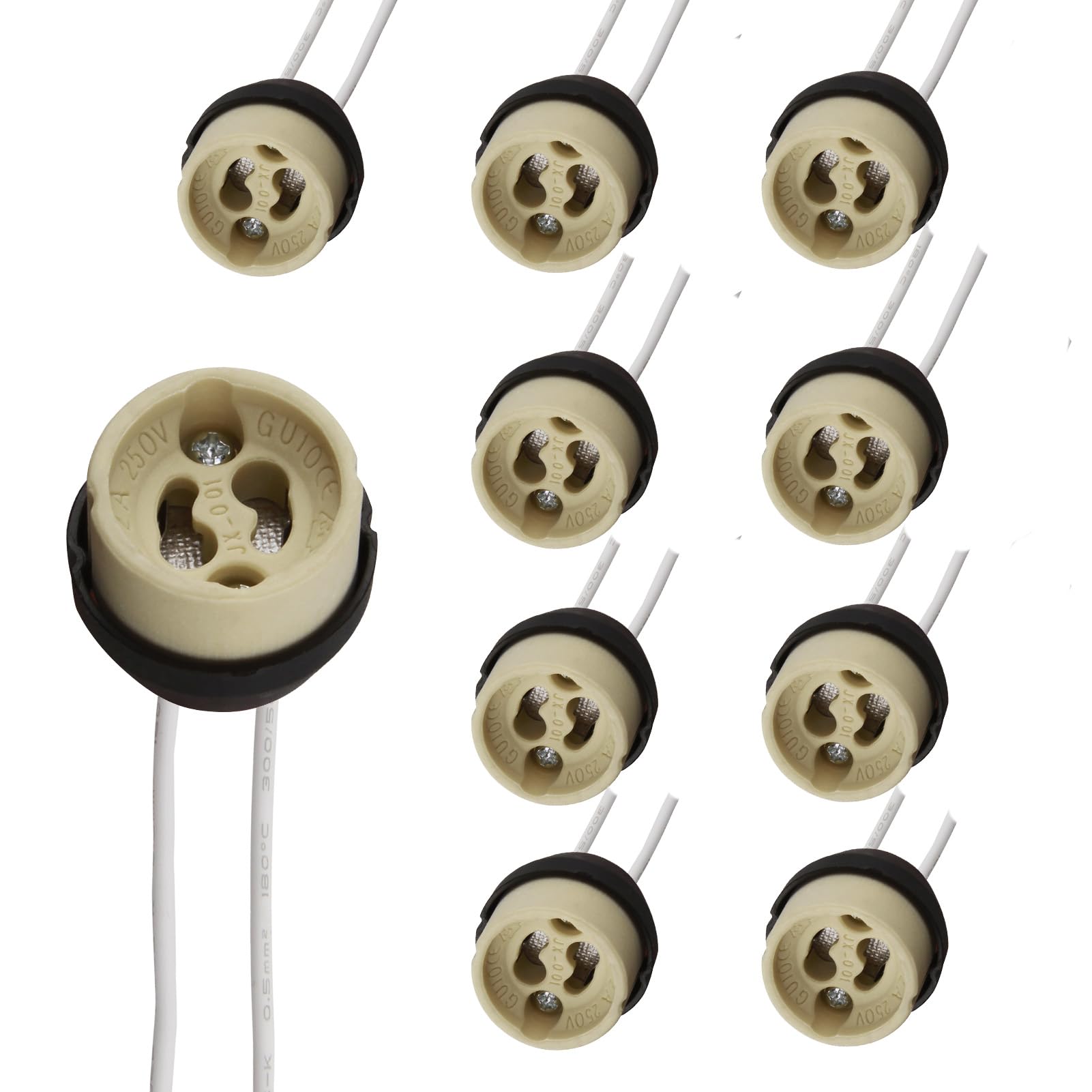 10 Pcs GU10 Lamp Holder 0.75mm² Lamp Light Fitting Parts Wire GU10 Connector Ceramic Base for Bulb Lampholder Connector GU10 Socket for LED Light Bulbs Halogen Bulbs 250V 300W 2A