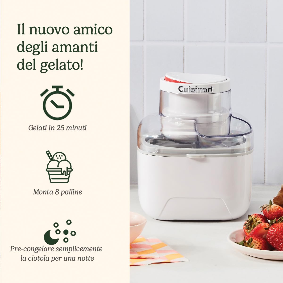 Cuisinart Solo Scoops Gelatiera | Macchina per Gelato Fatta in Casa in 25 minuti | Sorbettiera | Macchina per Yogurt Gelato| Compatto, salvaspazio | Vaschetta di pre-congelamento 475ml (Nuovo)