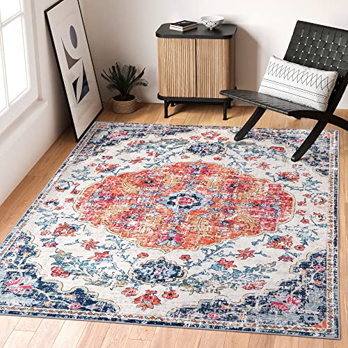 Rugland Washable Rug - Super Soft Ultra Thin Area Rug 5x7, Stain Resistant Bedroom Rug, Boho Rugs for Living Room(TPR43-Navy/Orange, 5'x7')