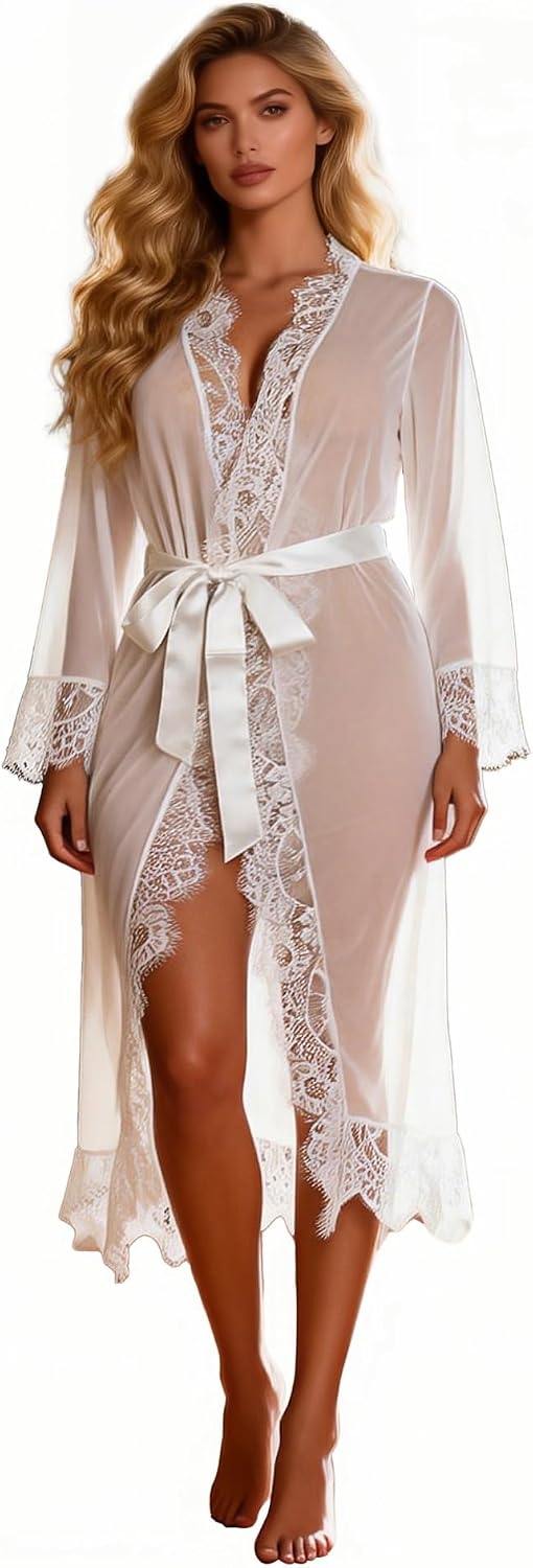 comeondear Sexy Lace Robe for Women Sheer Bridal Lingerie Plus Size Lace Nightgown Long Sleeve Robe with Belt