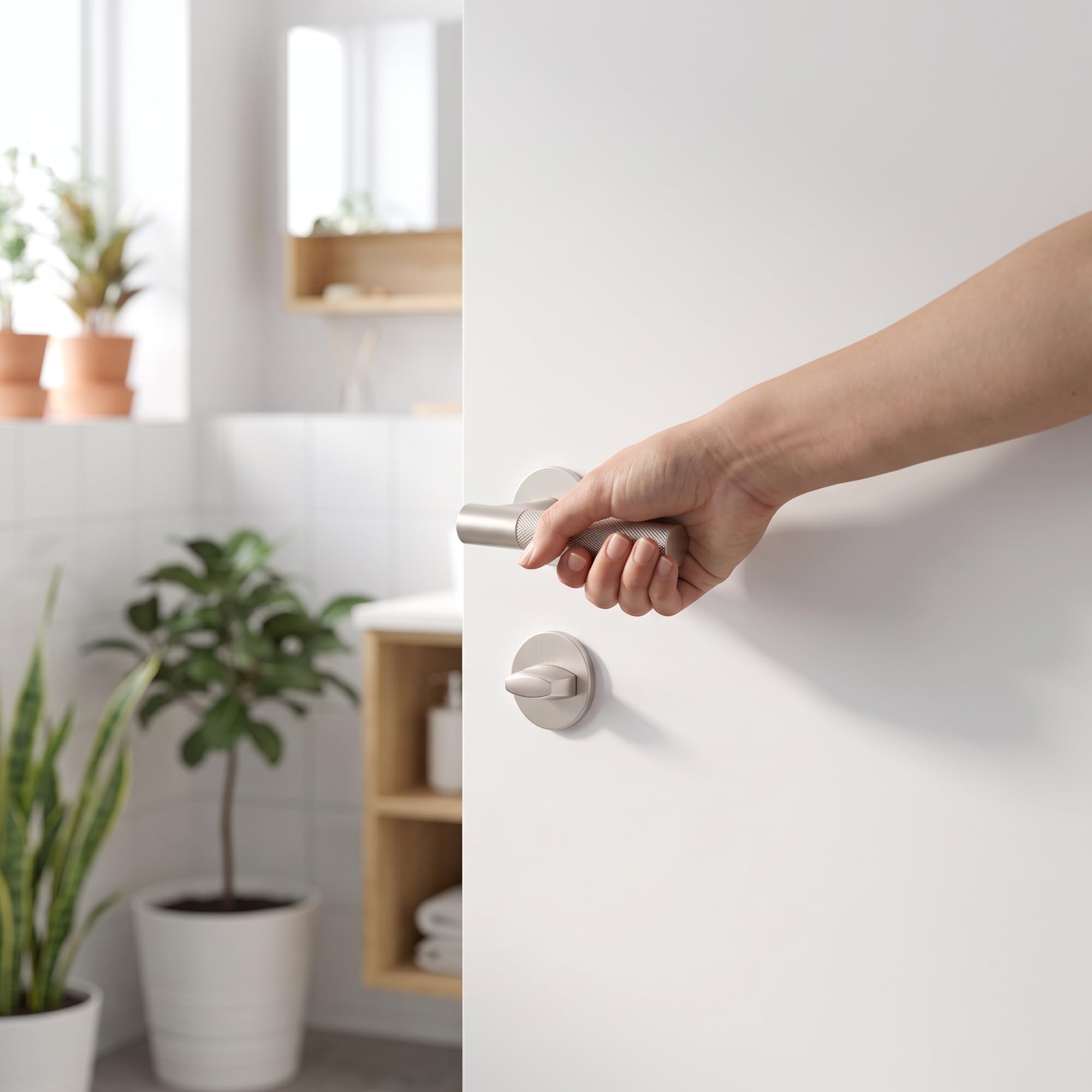 ERGO line LEA Premium Poignée de porte avec poignée moletée, rosace ronde, Nickel brossé, poignées pour les portes de salle de bains, ensemble de poignées de porte, béquille de porte