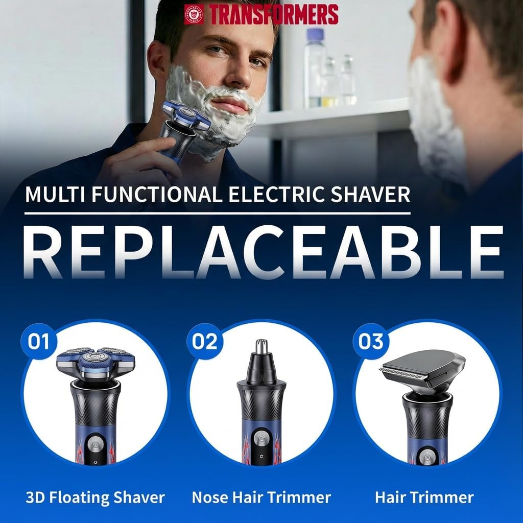 TRANSFORMERS Electric Razor for Men, 2-Speed Adjustable Shaver, IPX7 Waterproof, USB-C Fast Charging, LED Display, Smart Anti-Snag Beard Trimmer for Sensitive Skin, Mens Grooming Gift（Blue）