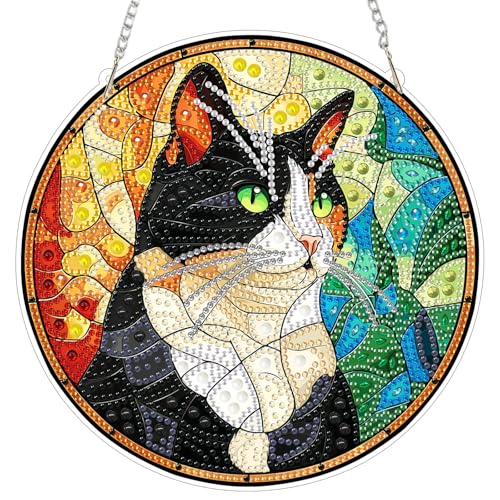 MXJSUA Diamond Art Hanging Kits for Adults Beginners, Stained Glass Cat DIY Acrylic Special Shaped Crystal Diamond Gem Art Pendant Drills Painting Ornament for Home Wall Decor and Gift