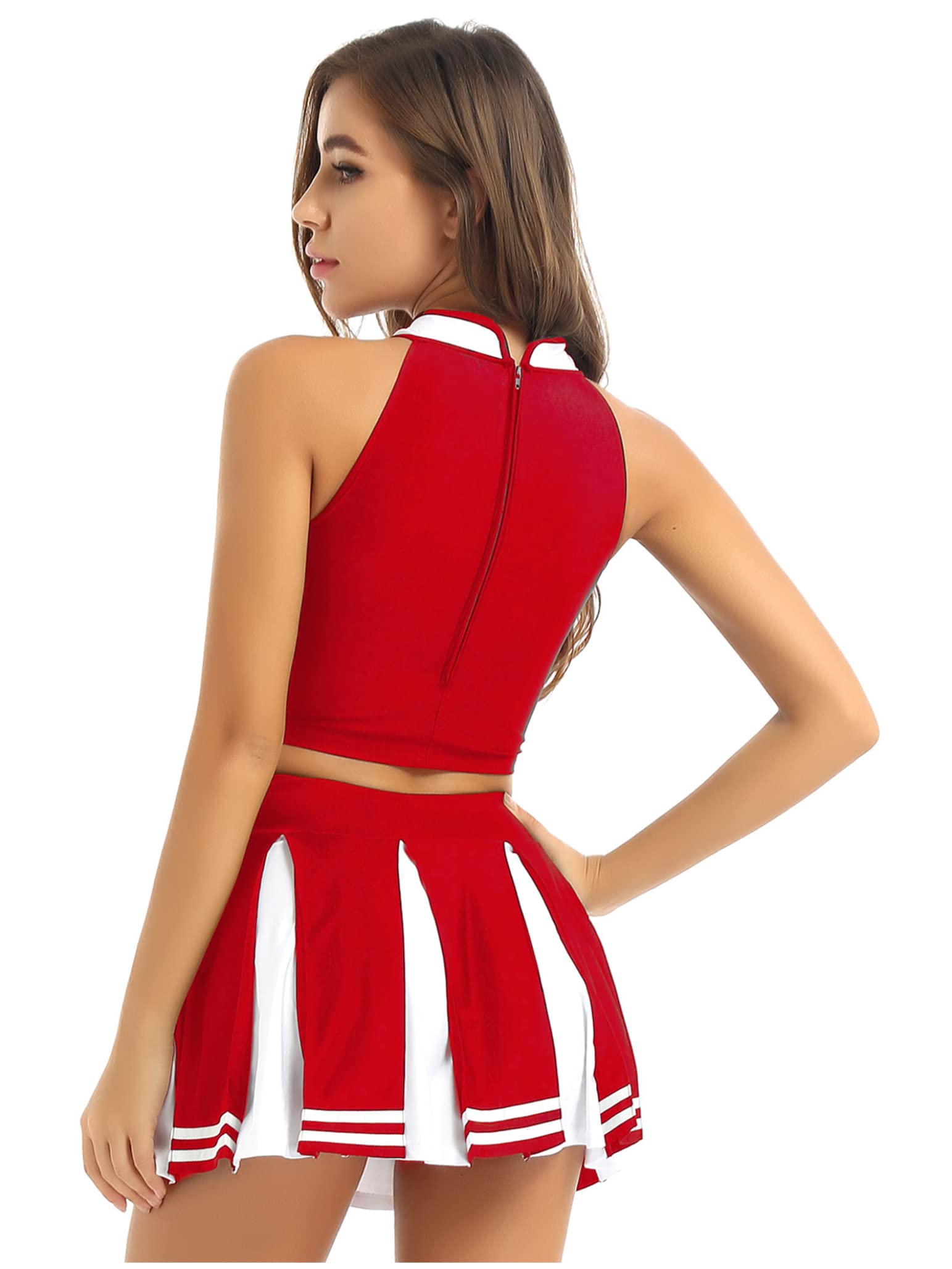 TSSOE Women Cheer Leader Costume Uniform Cheerleading Adult Dress Outfit Crop Top with Pleated Mini Skirt: X-Large Red
