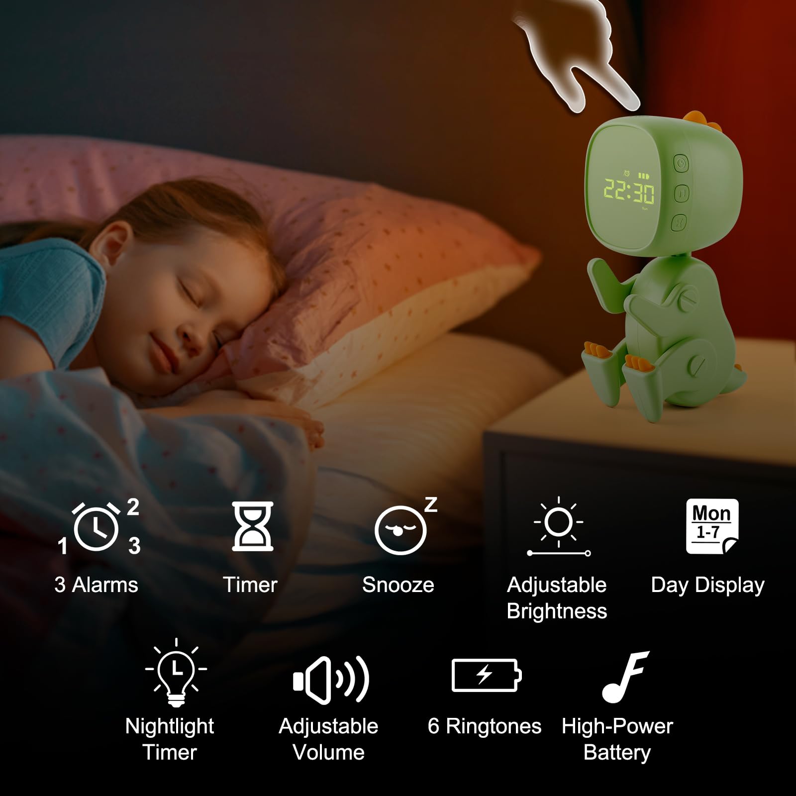 Homealexa Sveglia Dinosauro Educativa: Ricaricabile Con 6 Musiche, 3 Allarmi, Snooze E Luce Notturna Per Bambini - 2