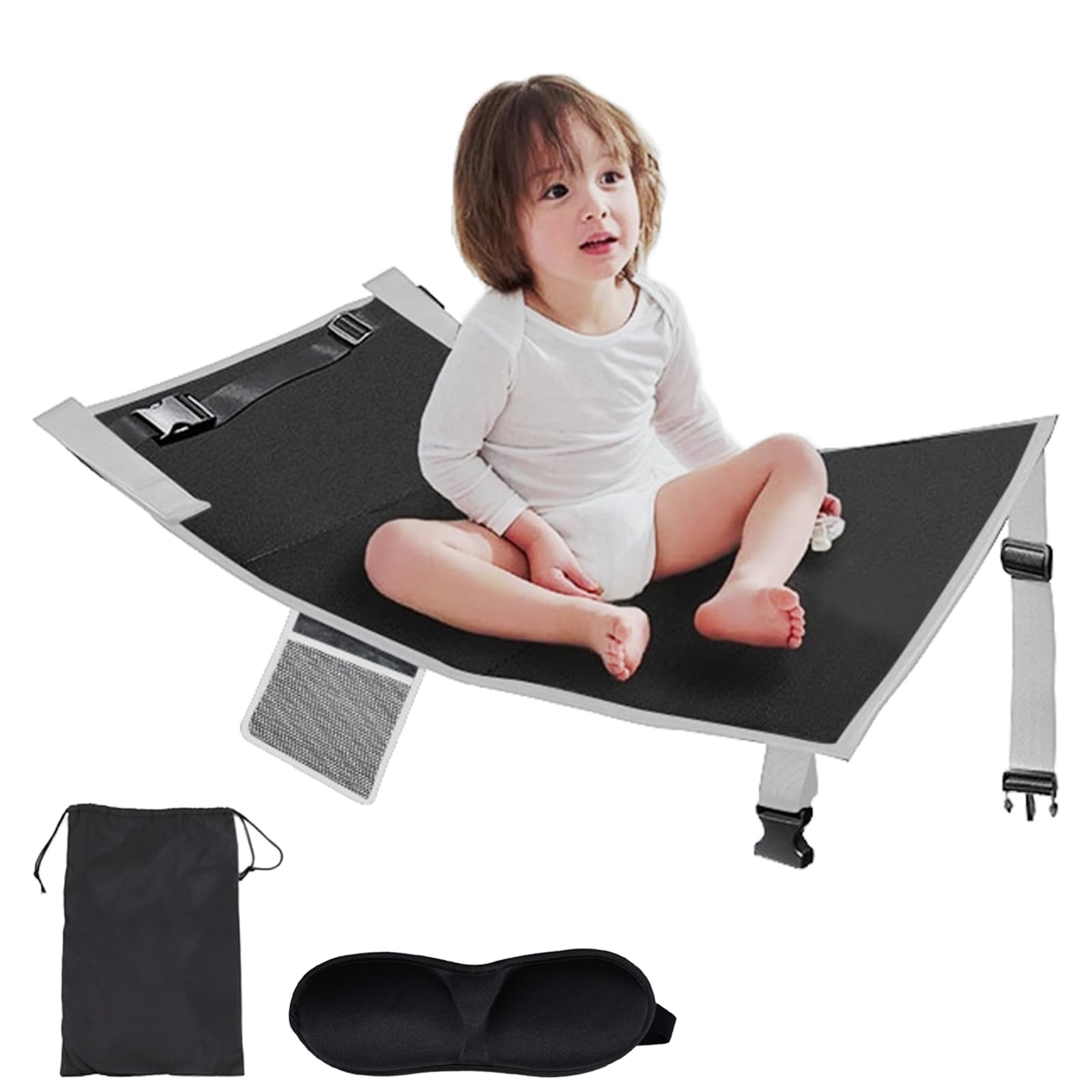 YOYIAG Kids Airplane Seat Extender: Airplane Footrest for Kids with 3D Eye Mask and Storage Bag, Portable Airplane Foot Hammock for Flight Travel, Black, 79 x 44 cm