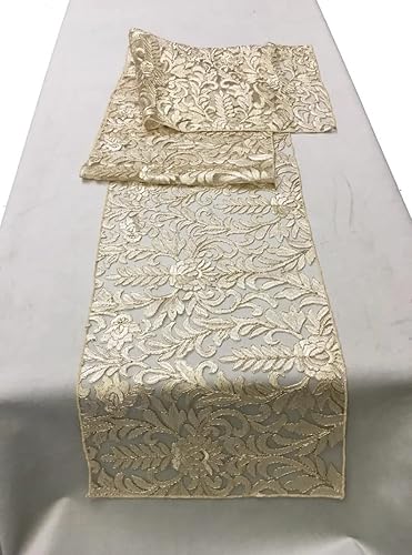 Camino de mesa bordado con hojas florales de color dorado champán champán dorado