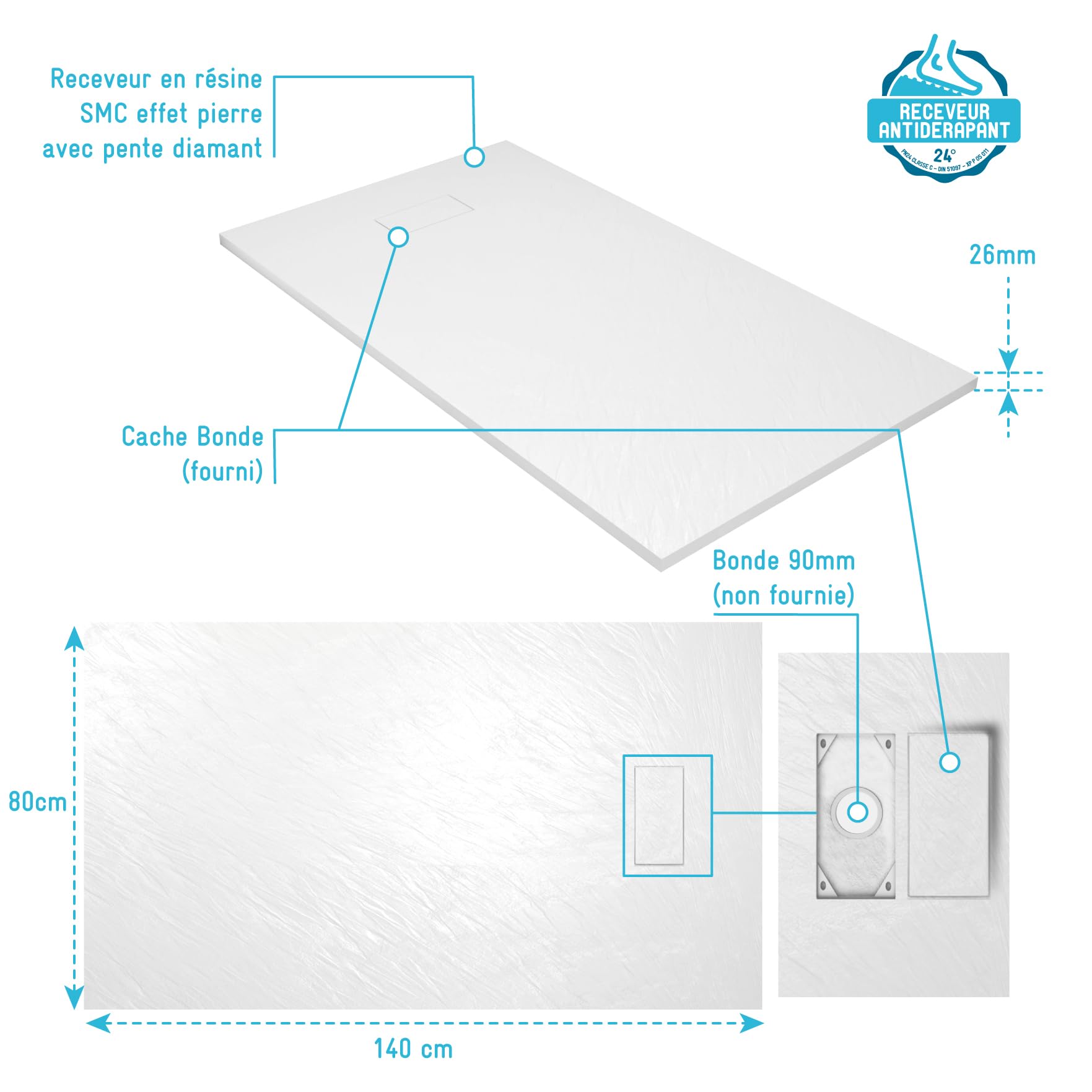 Receveur de douche 80x140x2.6 cm en SMC Finition Ardoise - Blanc Mat - ROCK 2 WHITE