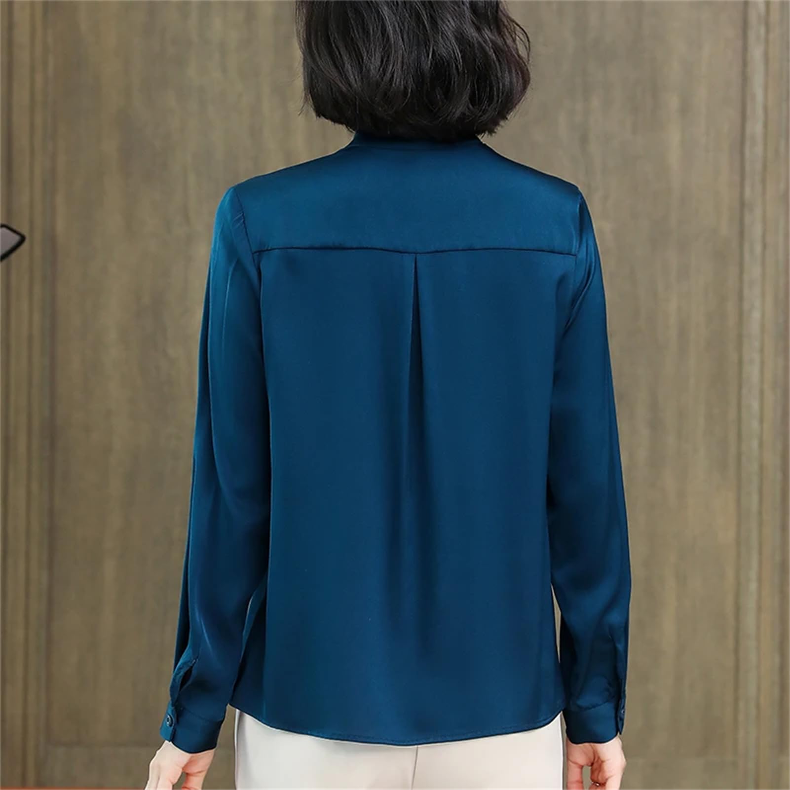 Camisas vintage para mujer, cuello alto, manga larga, blusa suelta de seda sólida