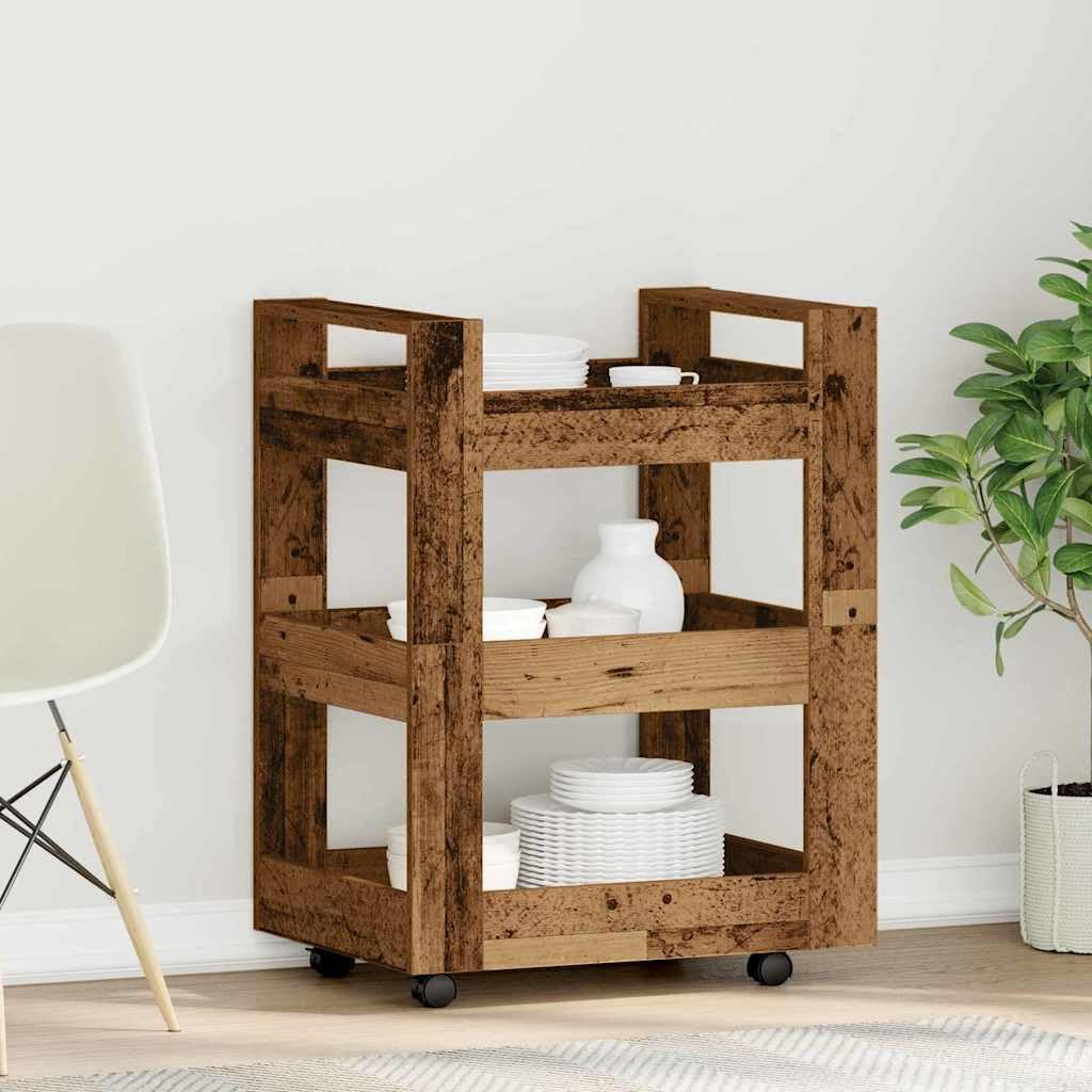 Carro de cocina blanco 60 x 45 x 80 cm de material de madera con 3 estantes y 4 ruedas, práctico carrito auxiliar con espacio de almacenamiento, fácil de limpiar