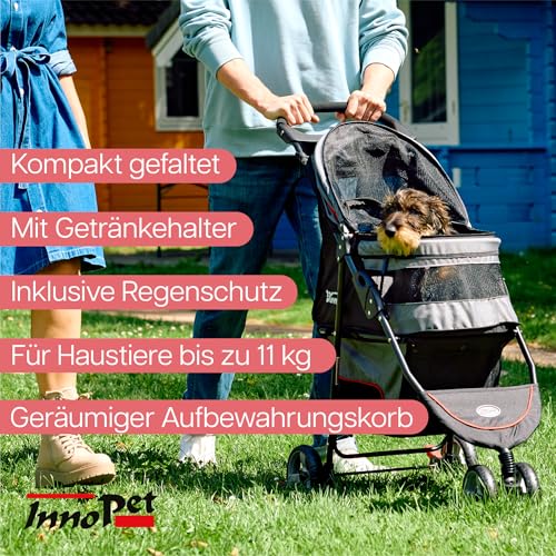 Innopet Hundebuggy Avenue Meliertes Grau leichter Katzenbuggy - Regenschutz inklusive - Hundewagen für die Stadt - faltbarer,wendig, kompakt - mit Sicherheitsleinen & Aufbewahrungskorb