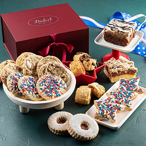 Dulcet Gift Baskets Red Blue and White S Sprinkled Cookie and Fudge Brownie Patriotic Gift Box Great Gift for July 4, Labor Day, Independence Day, and Memorial Day present