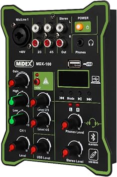 Midex MDX-100 Studio Mixer with Sound Card for Studio Recording +48V Studio Mixer with Phantom Power