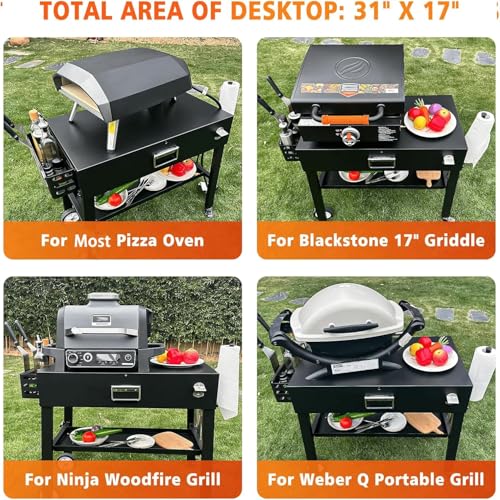 Image of Foldable Grill Cart for Blackstone 17 /22, Ninja Woodfire OG700, Ooni Pizza Oven - Portable Grill Table with Wheels, Dual-Shelf BBQ Prep Station with Caddy & Hooks, Compact Camping Griddle Stand