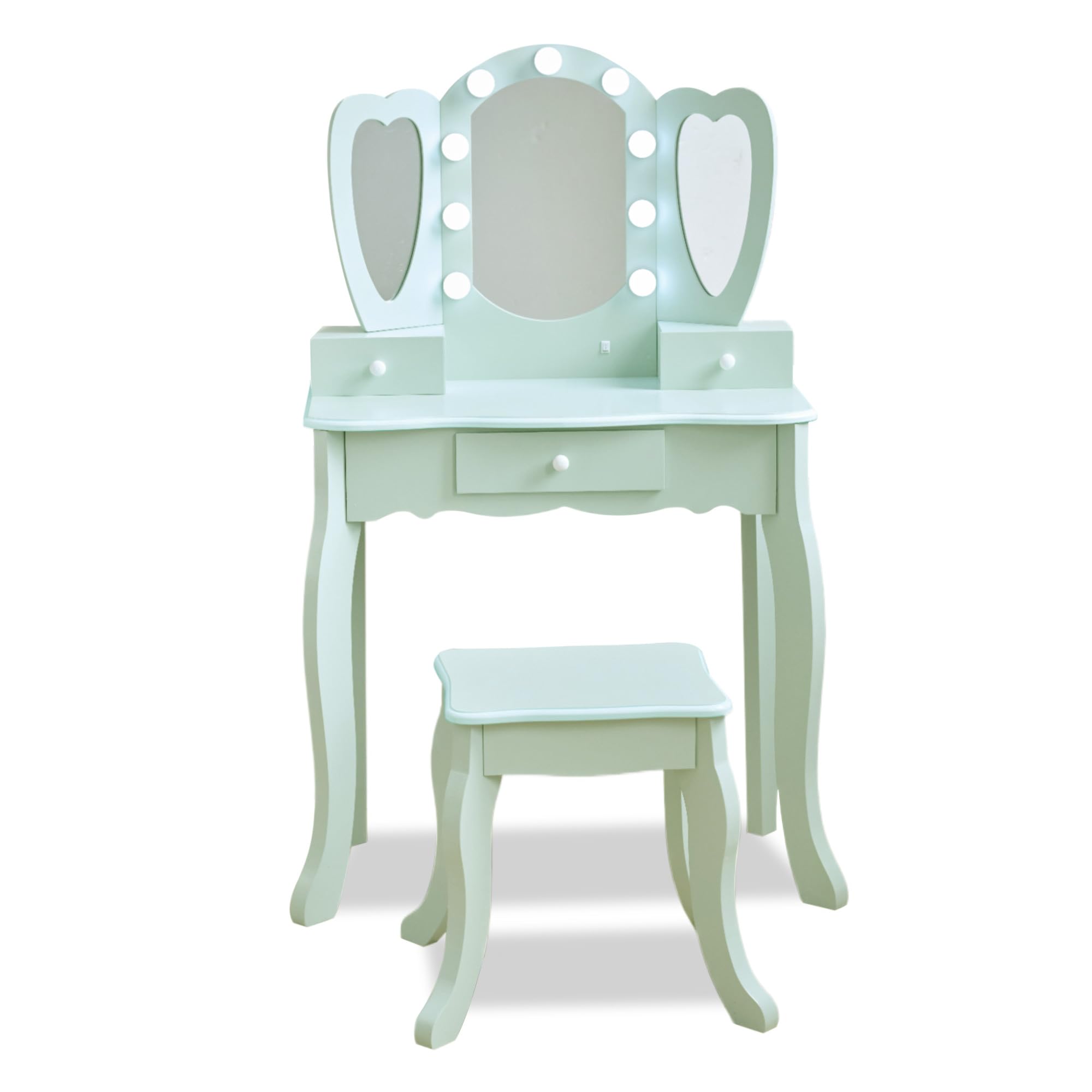 Teamson Kids Coiffeuse Enfant cœur Verte avec Miroir LED Triple Tabouret tiroirs Accessoires pour favoriser Imagination et autonomie