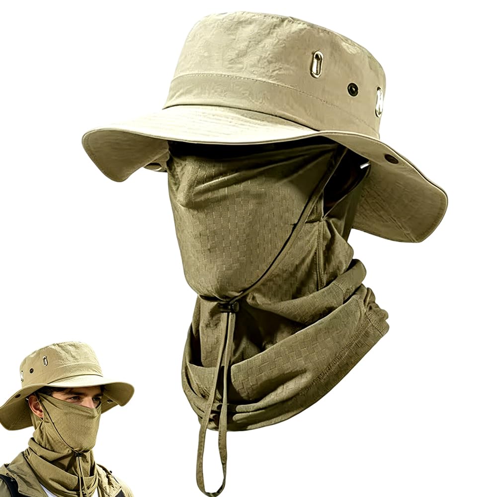 VorPrillynt Wide Brim Sun Hats, Protection Wide Brim Camo Hiking Hat, Foldable Waterproof Bucket Cap, Summer Safari Bucket Cap with Balaclava Set for Fishing Hiking Jungle Outdoor