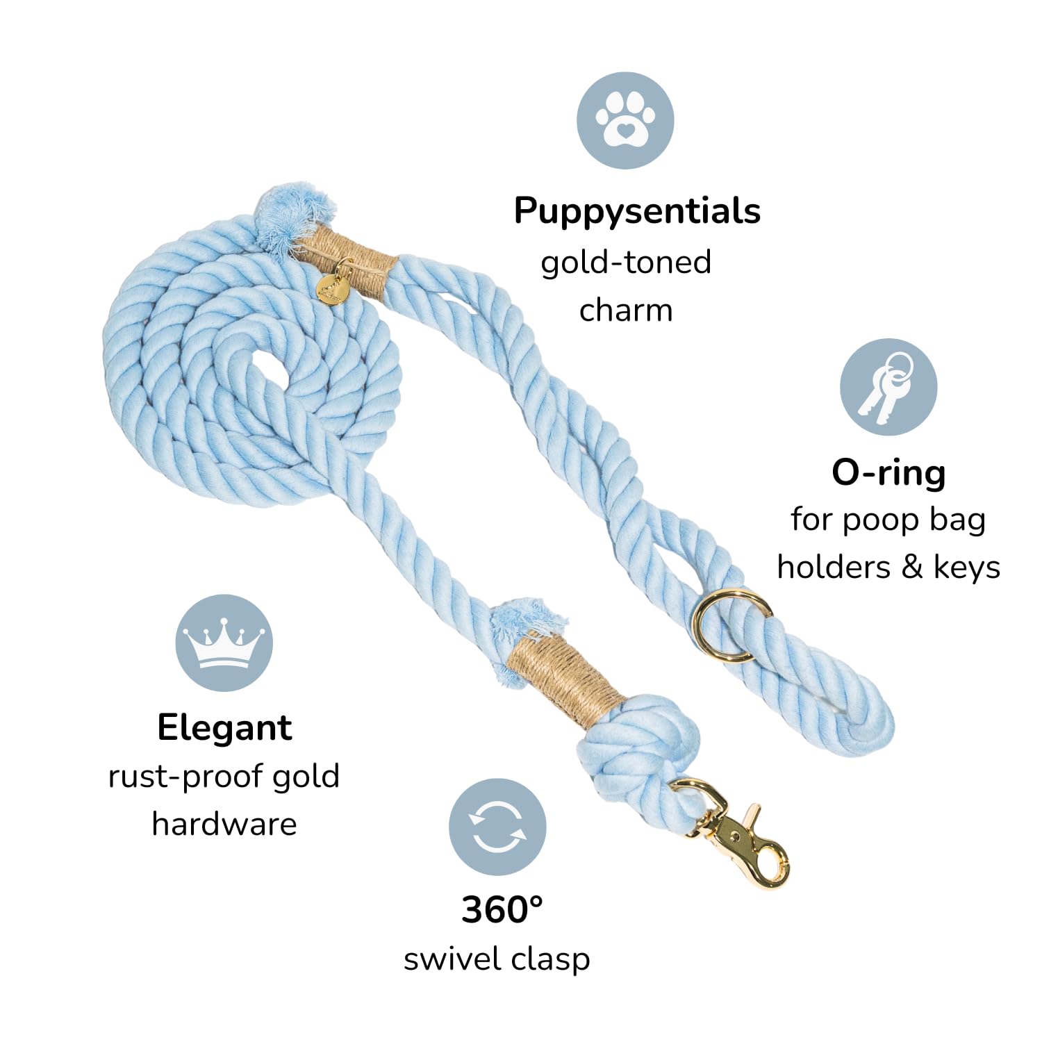 PUPPYSENTIALS Correa de cuerda de algodón trenzado suave y duradera de 5 pies para perros medianos/perros grandes, ligera con clip a presión de 360 grados, viene con una práctica bolsa de regalo de