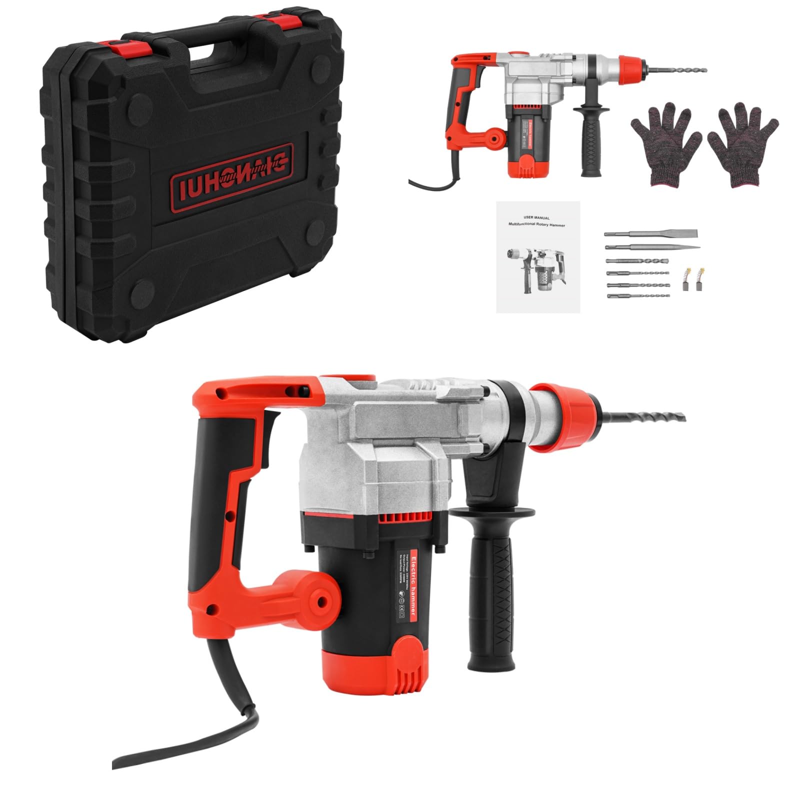 Trapano a percussione professionale da 2200 W, 930 giri/min, martello elettrico, trapano a percussione multifunzionale, con 2 spazzole di carbone e borsa per il trasporto, set di accessori