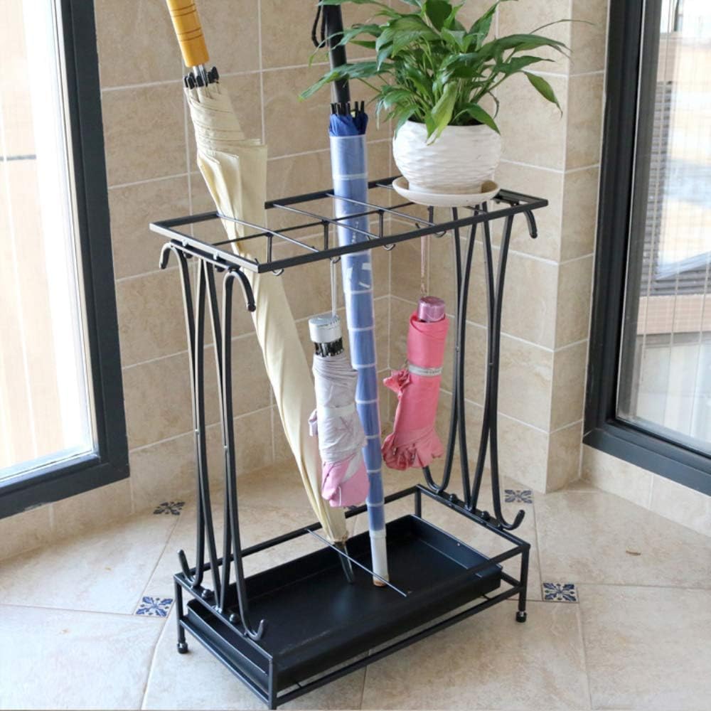Umbrella Holder with Removable Drip Tray and 8 Hooks,Antique Metal Umbrella Stand Free Standing,Industrial Umbrella Rack for Home Office Entry Hallway Patio Decor(Black)