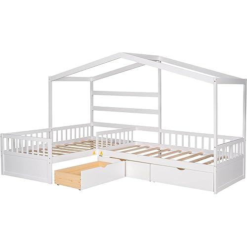 House Bed Double Twin Beds, Wood LShaped 2 Twin Platform