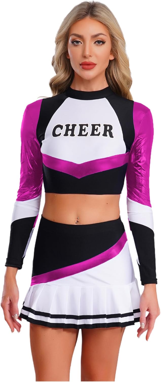 Women's Contrast Color Cheer Uniform Metallic Shiny Long Sleeve Crop Top + Pleated Miniskirt