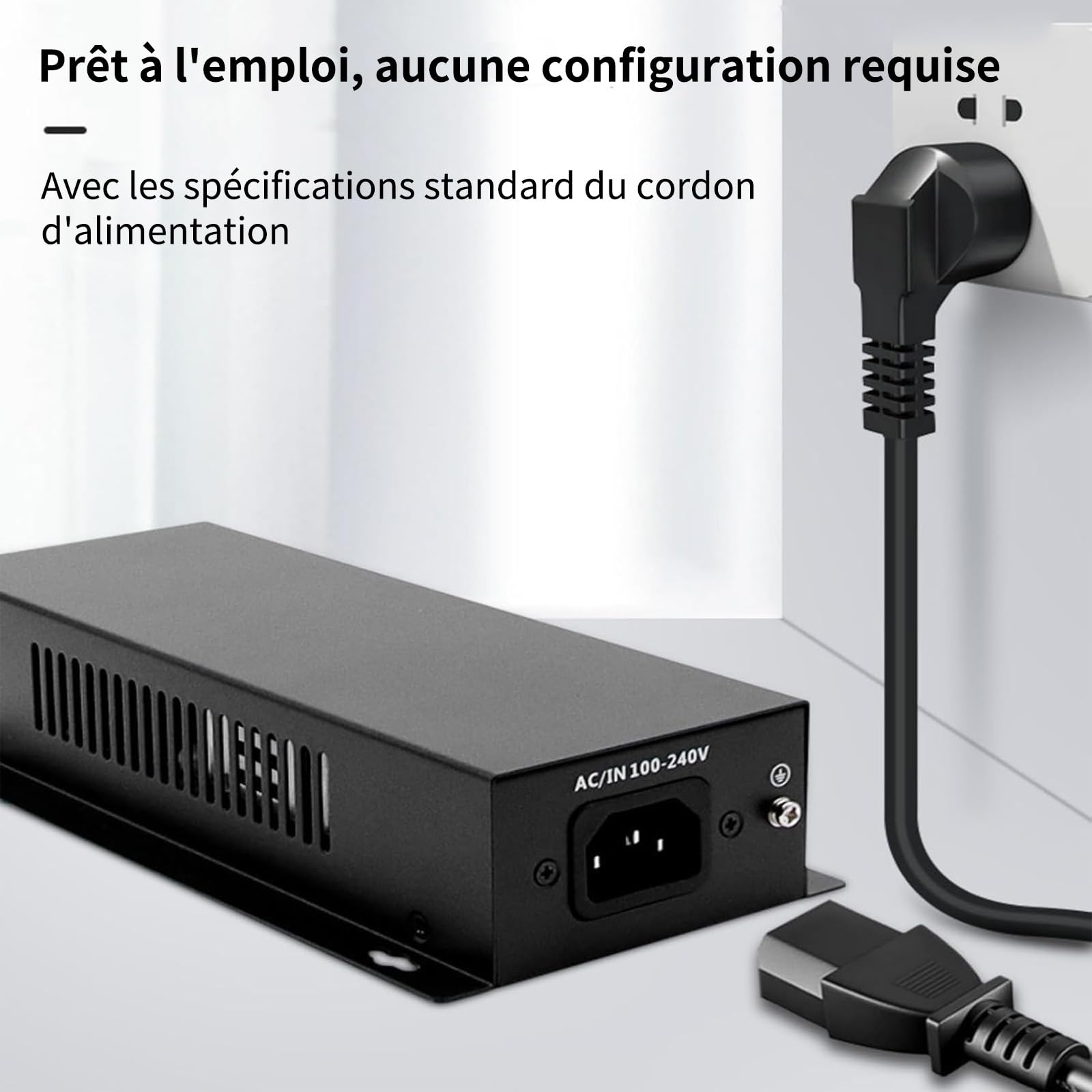 Injecteur PoE Gigabit 90W RJ45 IEEE 802.3af/at/BT | Montage Mural,Câble Secteur EU,Compatible avec les caméras IP/PTZ,points d'accès WiFi,téléphones VoIP,haut-parleurs PoE