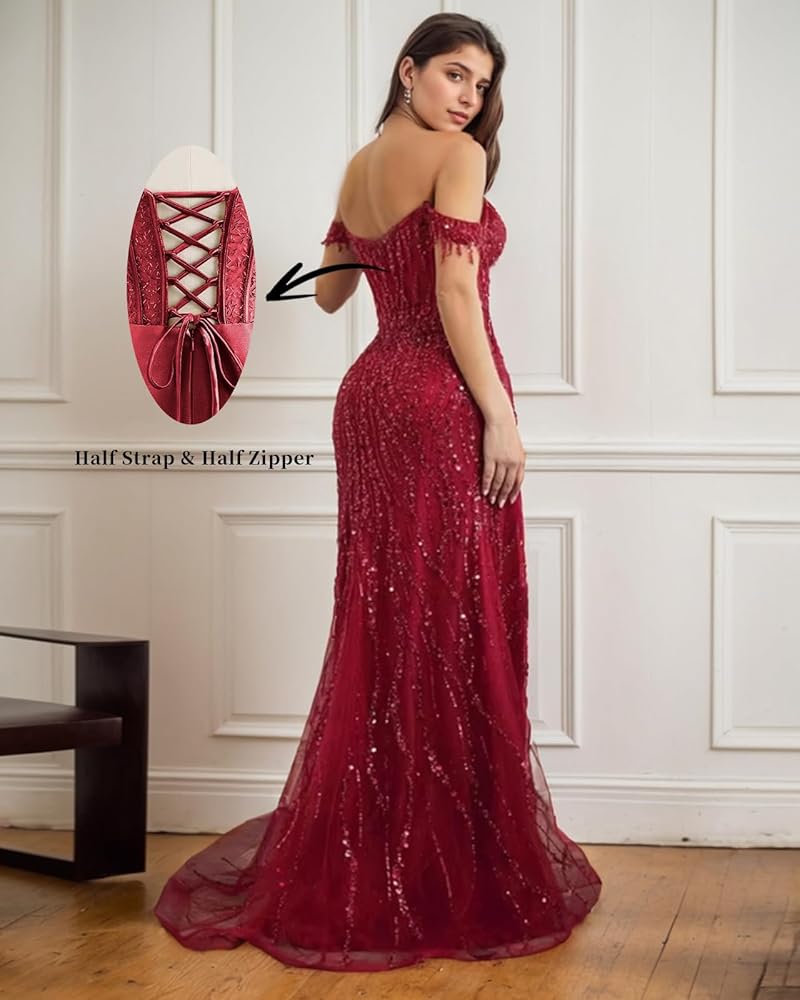 Sequin Prom Dresses for Women 2025 Sexy Lace Formal Evening Dress Mermaid  Sparkly Party Gowns with Slit 0 Terracotta at Amazon Women's Clothing store