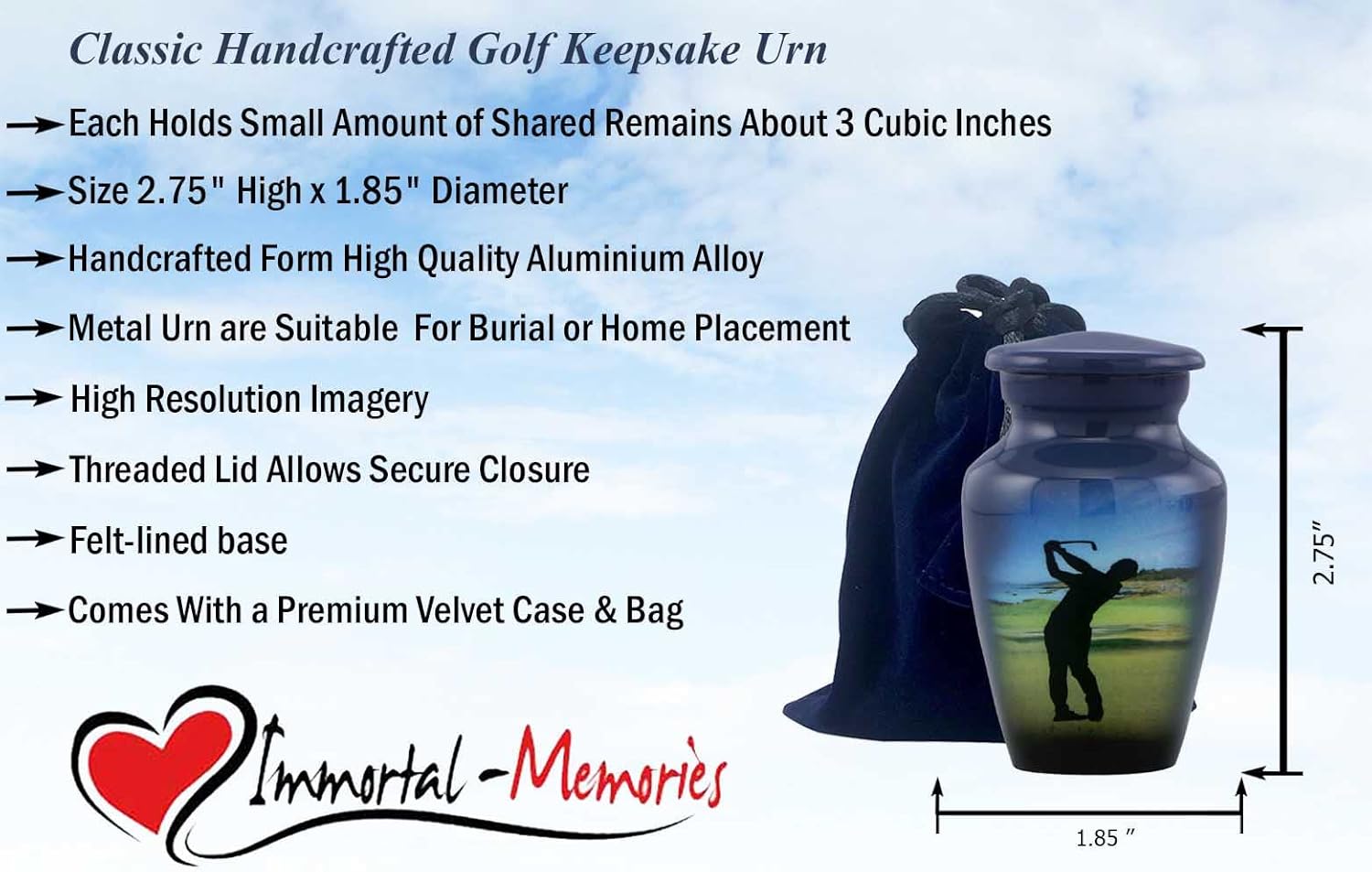 Golf Keepsake Urn - Golfer Mini Urn for Ashes - Classic Golfer Sharing Urns - Golf Token Urn - Miniature Urn with Bag (Keepsake)