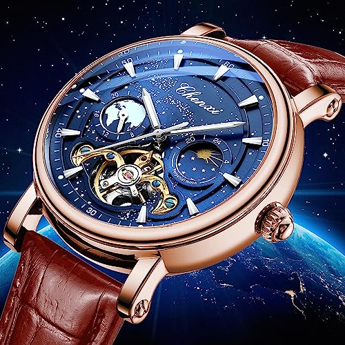 Image of FORSINING Men's Watch Luminous Starry Sky with Moon Phase Tourbillon, Mechanical Automatic Self-wind Fashion Watches, Stainless Steel Case Leather Belt Wristwatch