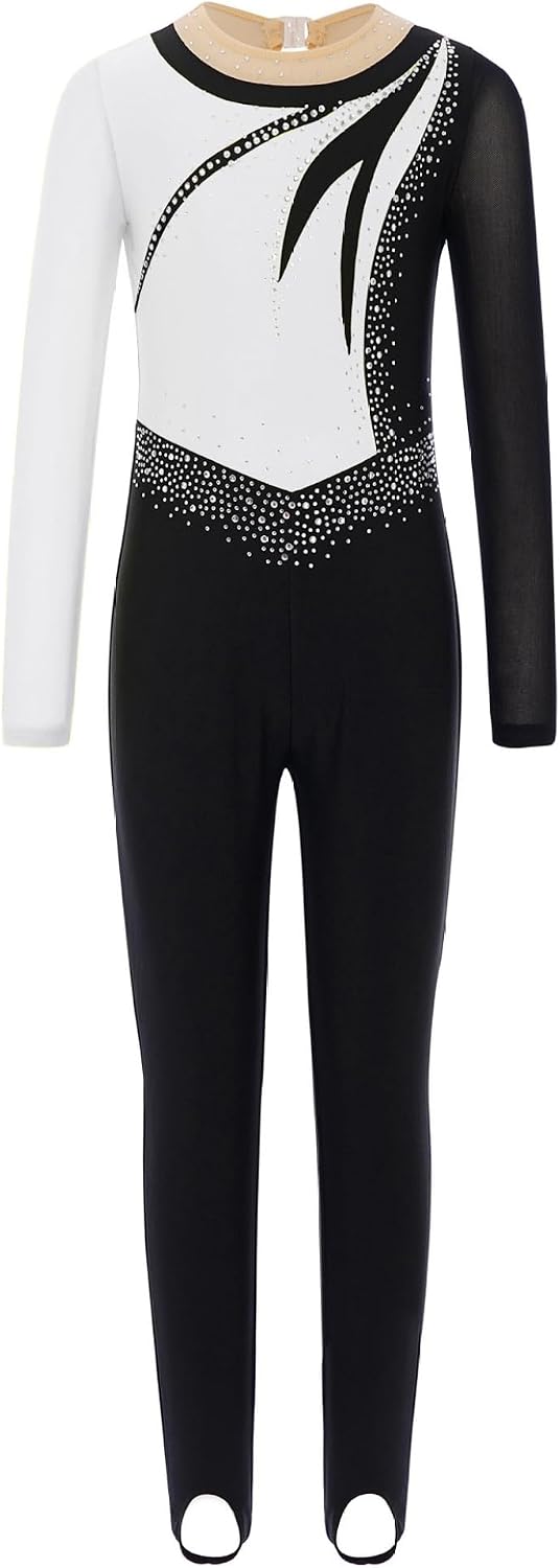 Youth Girls Gymnastics Unitard Long Sleeve Glitter Rhinestones Color Block Figure Skating Ballet Full Length Leotard