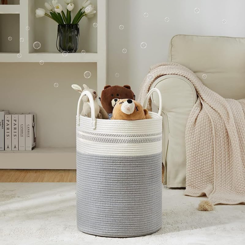 Image of Storage Rope Laundry Hamper Basket for Clothes, Towels and Blankets in Livingroom, Bedroom, Laundry Room and Basket for Nursery Storage (Size - 14 inch x 14 inch x 18 inch) (Grey White Mix)