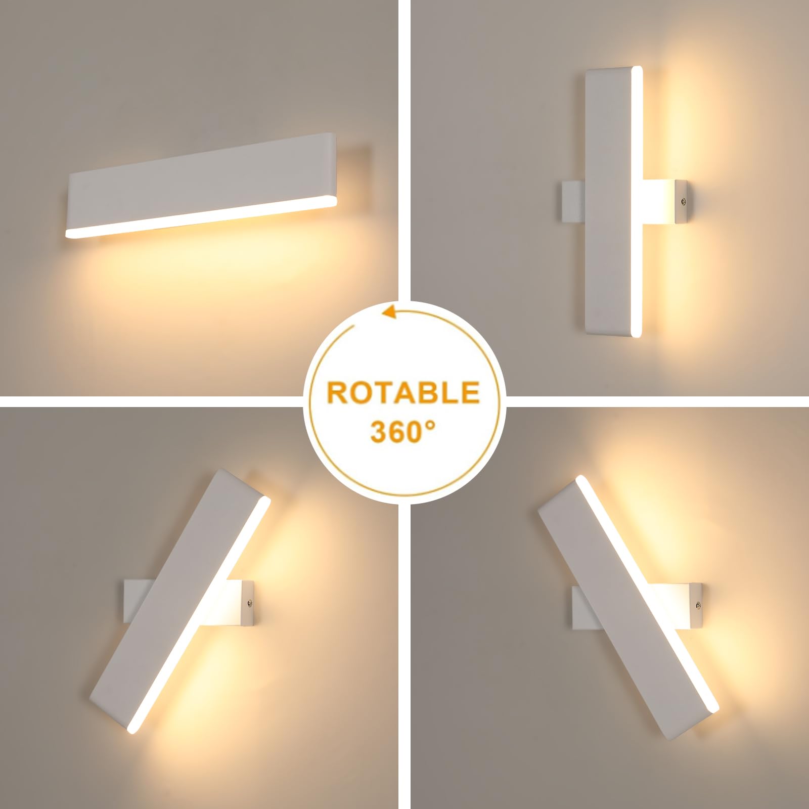 Applique Parete LED Interno, Ruotabile A 360° Moderna Bianca | Lampada da Parete in Metallo e Acrilico Per Camera da Letto, Corridoio, Soggiorno