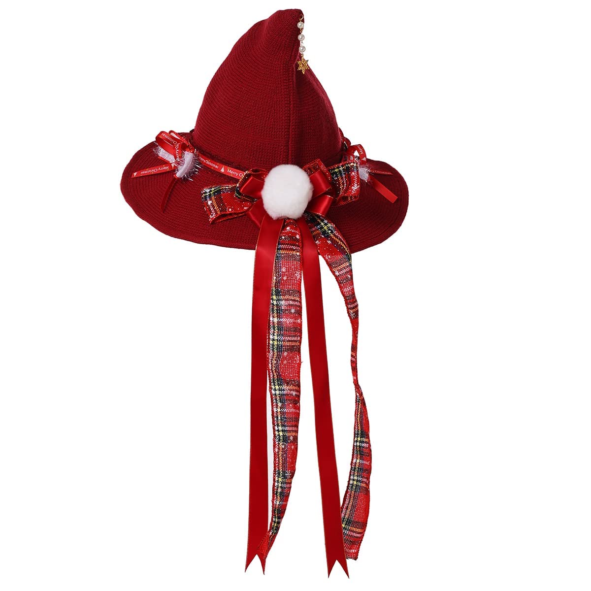 COSDREAMER Women Witch Hat Red Bows Wool Knit Cap for Halloween Christmas Party Red christmas