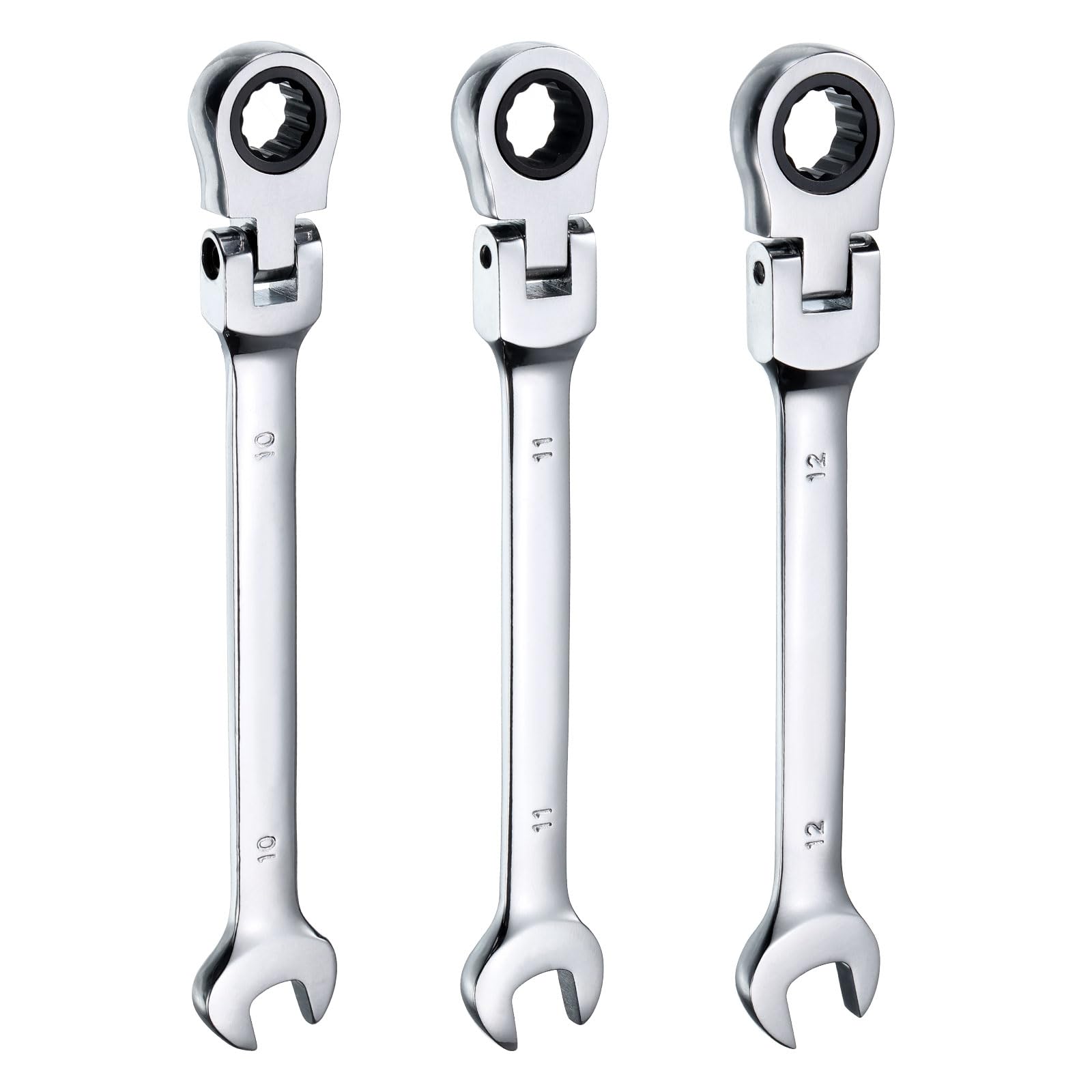 HARFINGTON 3pcs Flex-Head Ratcheting Wrench 10/11/12mm 180° Rotating Head Metric Ratchet Combination Wrenches 72-Teeth Chrome Vanadium Steel Open End