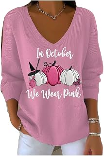 Breast Cancer Shirts for Women in October We Wear Pink Breast Cancer Awareness Pink Witch Pumpkin Print Shirt Tops