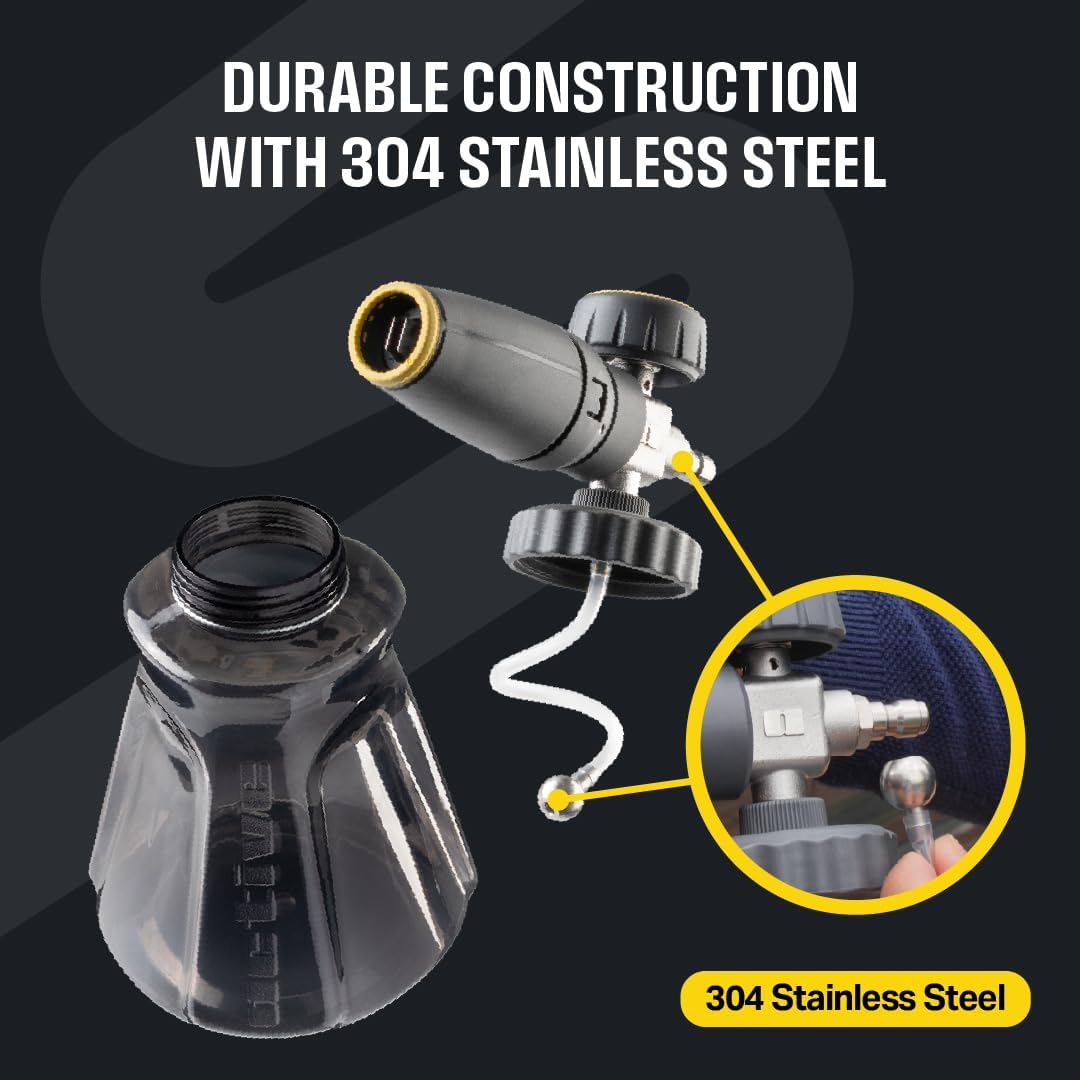 Active Foam Cannon with ¼ inch quick connector for Electric and Gas Pressure Washers. Wide-mouth bottle and variable spray to generate thick snow foam spraying for home DIY car wash & detailing.