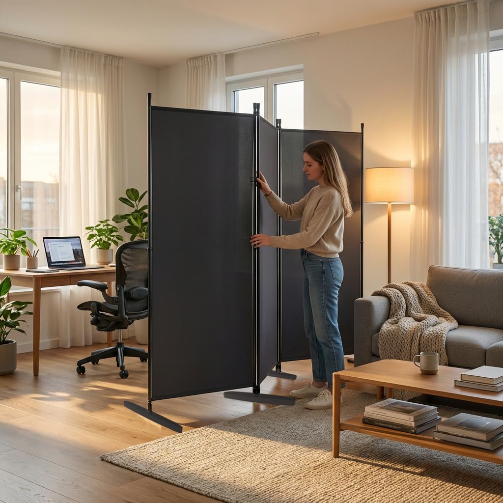 LZQ Paravent Raumteiler Klappbar Freistehend Sichtschutz Trennwand Faltbar Spanische Wand Stellwand Raumtrenner für Schlafzimmer Wohnzimmer Büro Balkon Innenbereich – 3 Teilig 240x180 cm Dunkelgrau