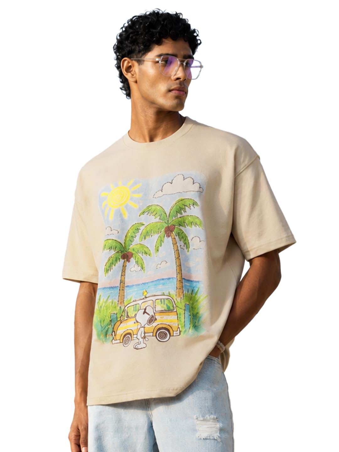 Peanuts: Crayon Van Men and Boys Short Sleeve Round Neck Beige Graphic Printed Cotton Drop Shoulder Beach Summer Vacation Oversized T-Shirts-image-12