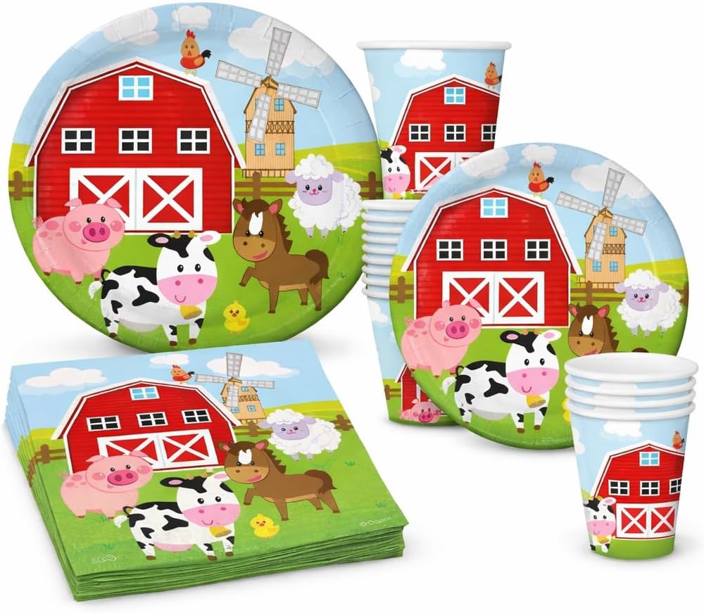 Oojami Serves 30 Complete Party Pack Farm House Fun Barnyard Animals Party Supplies 9" Dinner Paper Plates 7" Dessert Paper Plates 9 oz Cups 3 Ply Napkins Farm Animal Barn Themed Party Supplies